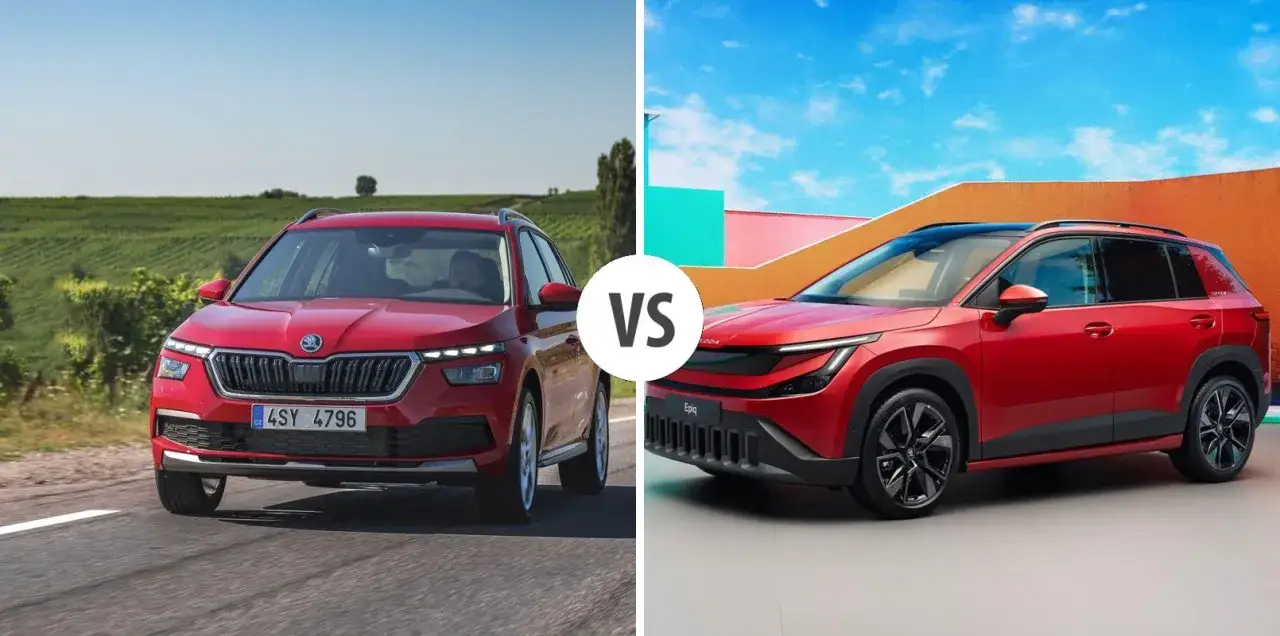 Skoda Kamiq vs. Enyaq: jaki silnik wybrać? Dwa czerwone SUV-y, jeden na drodze, drugi na tle kolorowych ścian.