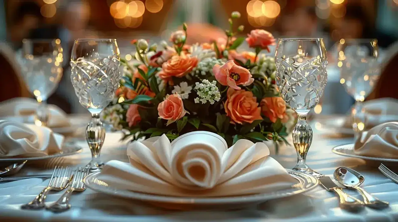 Une table dressée pour un mariage champêtre : fleurs, verres ciselés et un élégant pliage serviette mariage champêtre.