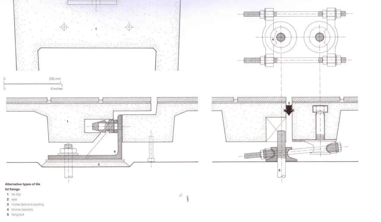 Detalles de fijaciones de tapa de baldosa con pernos y soportes de bronce. Se ilustran m&eacute;todos de adhesivos estructurales para asegurar las baldosas.