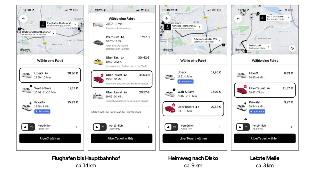Uber in Deutschland: verschiedene Fahrtoptionen in Dortmund, von Flughafen bis Hauptbahnhof.