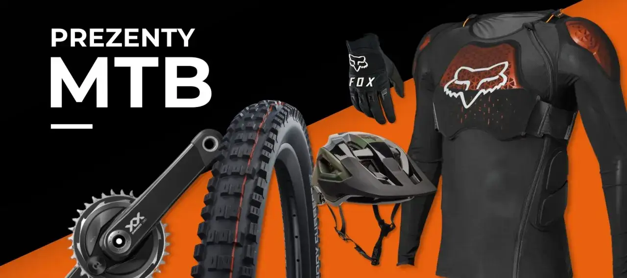 Idealny prezent dla kolarza MTB: ochraniacz, kask, rękawice, korba i opona.