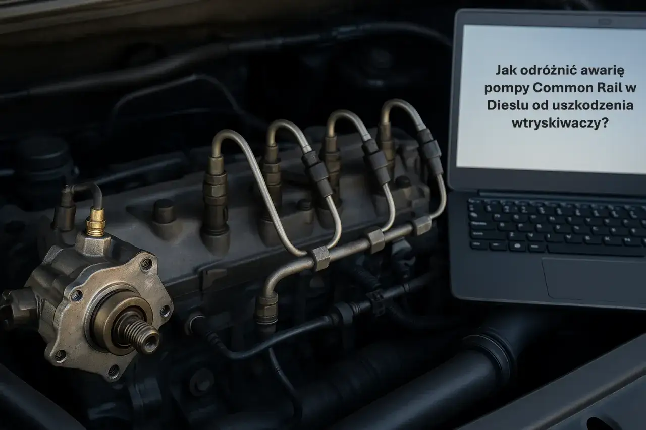 Silnik diesla z pompą Common Rail i wtryskiwaczami. Laptop obok sugeruje diagnostykę, by odróżnić awarię pompy od uszkodzenia wtryskiwaczy.