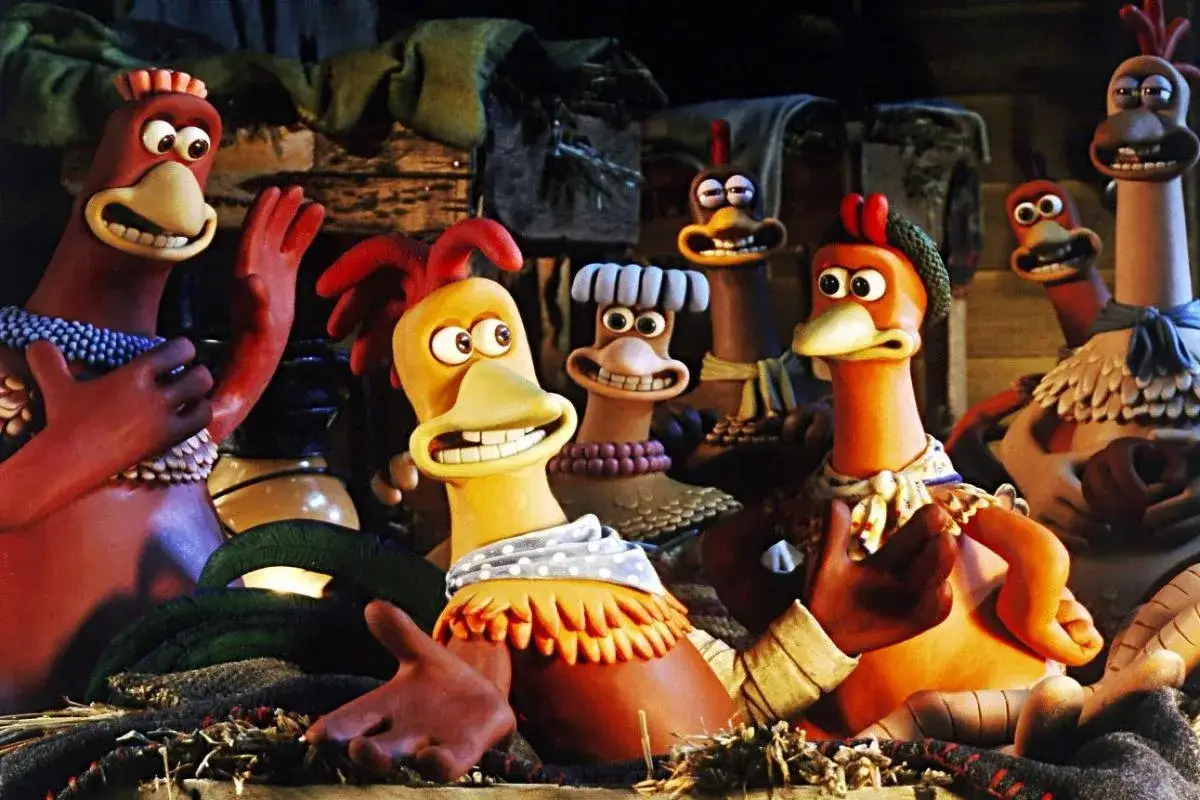 Un groupe de poules avec des dents, toutes souriantes et expressives, se préparent pour une aventure.