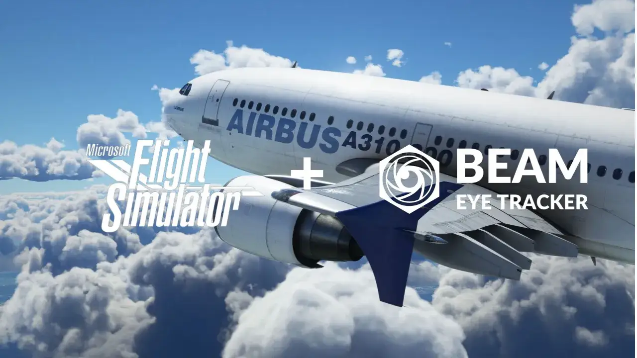 Microsoft Flight Simulator z BEAM EYE TRACKER. Wirtualny pilot steruje samolotem Airbus A310, patrząc na kokpit.