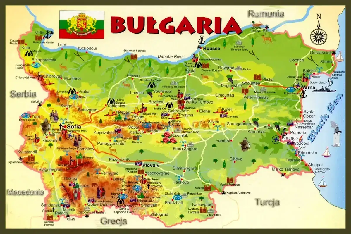 Mapa wybrzeża Bułgarii z zaznaczonymi miastami, zabytkami i atrakcjami turystycznymi.