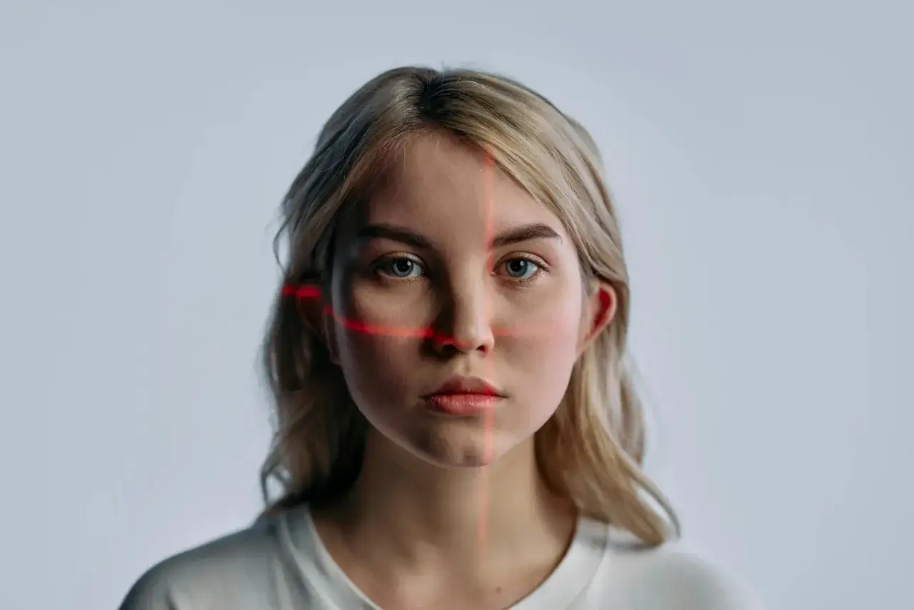 Kobieta z subtelnym makijażem do dowodu, na jej twarz pada czerwony laser.