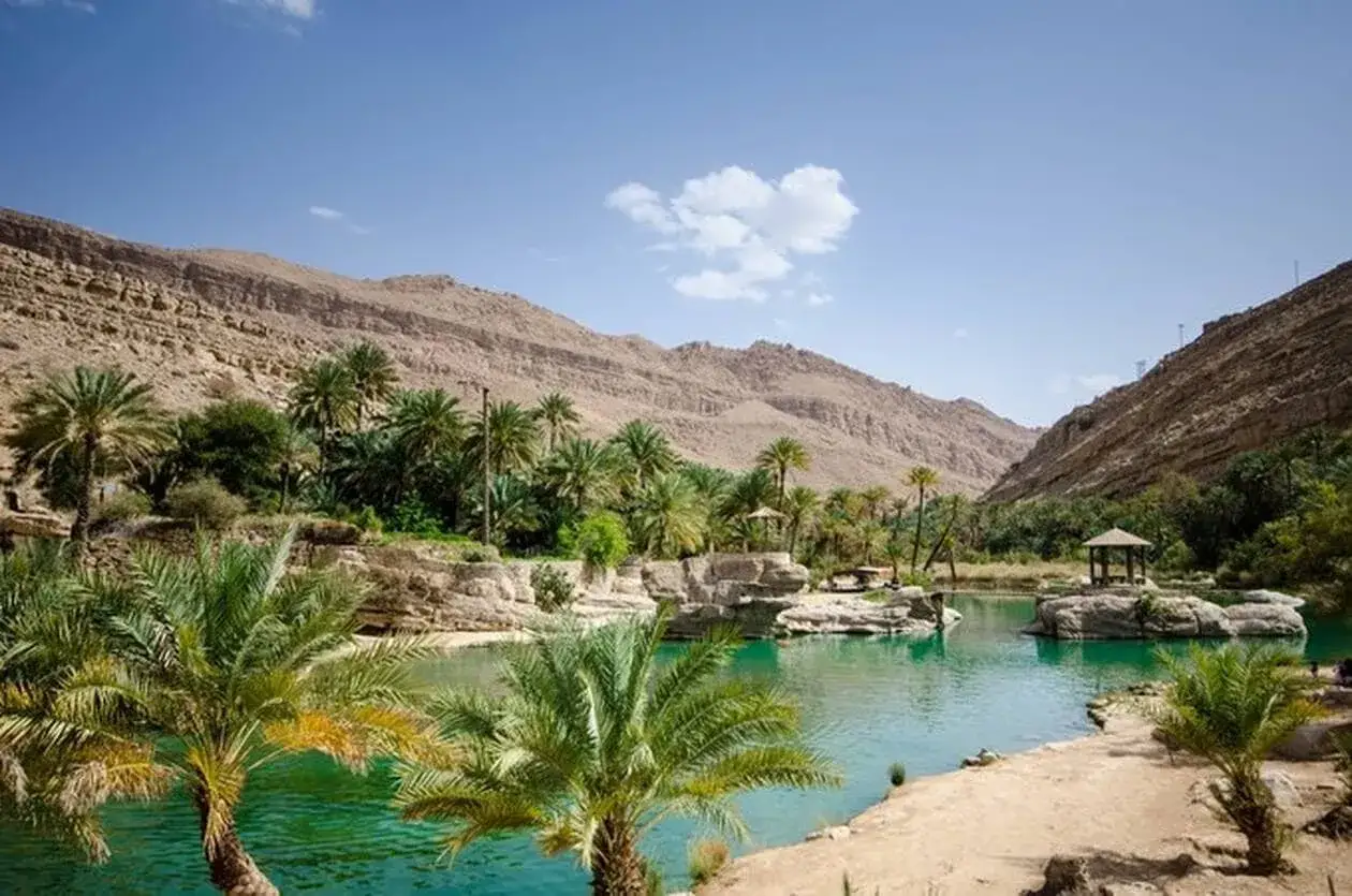 Un magnifique oasis verdoyant avec des palmiers luxuriants et une eau turquoise, niché au creux de montagnes arides.