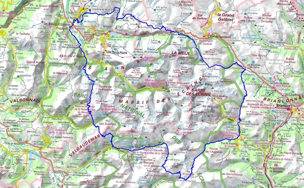 Carte du Massif des Écrins, idéale pour un tour des Écrins 10 jours. Elle montre les sentiers, refuges et sommets emblématiques.