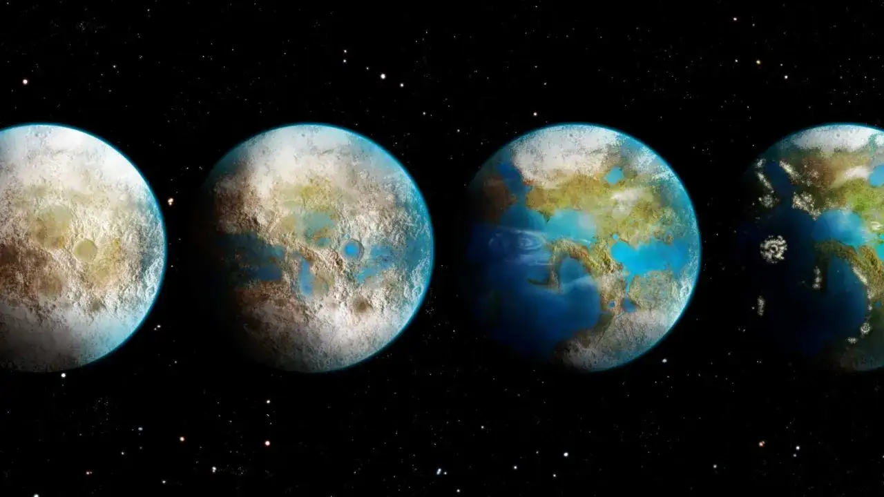 Ewolucja planet od pustynnych do wodnych, sugerująca rozwój obcych cywilizacji.