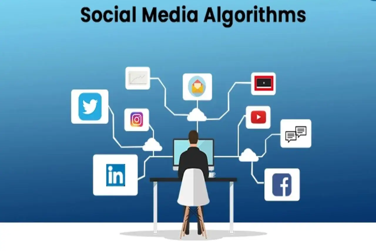 Illustration von Social-Media-Algorithmen, die verschiedene Plattformen wie Twitter, Instagram, LinkedIn, YouTube und Facebook zeigen. Diese digitalen Konzepte sind miteinander verbunden.