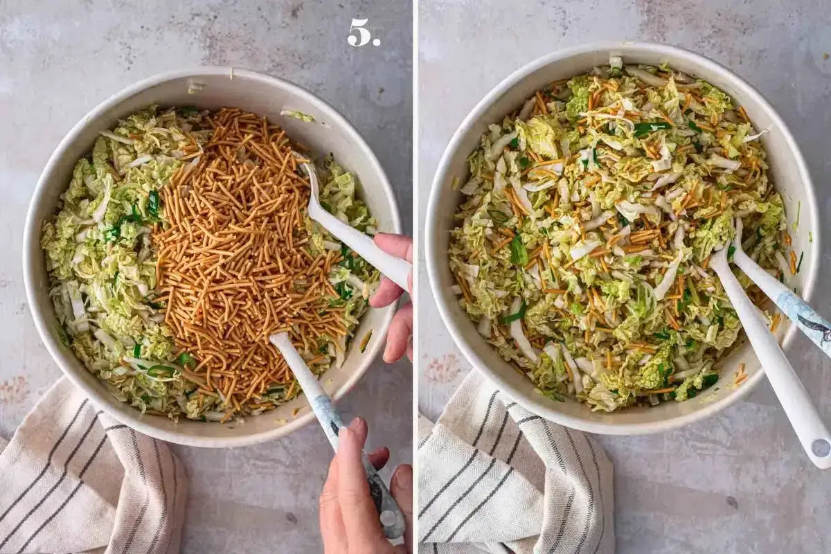 Friss dich dumm Salat: Chinakohl, Karotten und Frühlingszwiebeln werden mit knusprigen Nudeln vermischt.