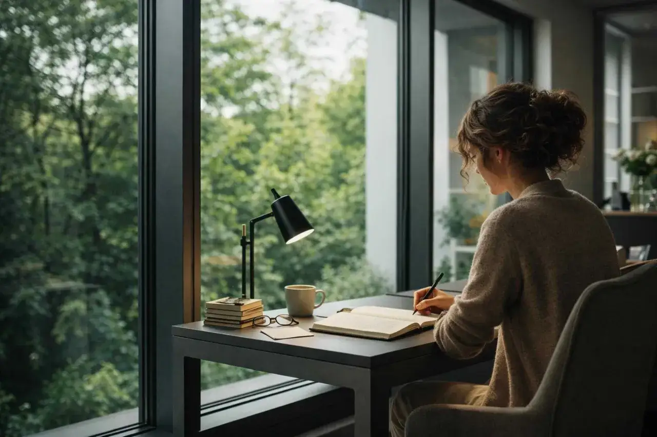 Donna scrive su un quaderno alla sua scrivania sotto una grande finestra, immersa nel verde.