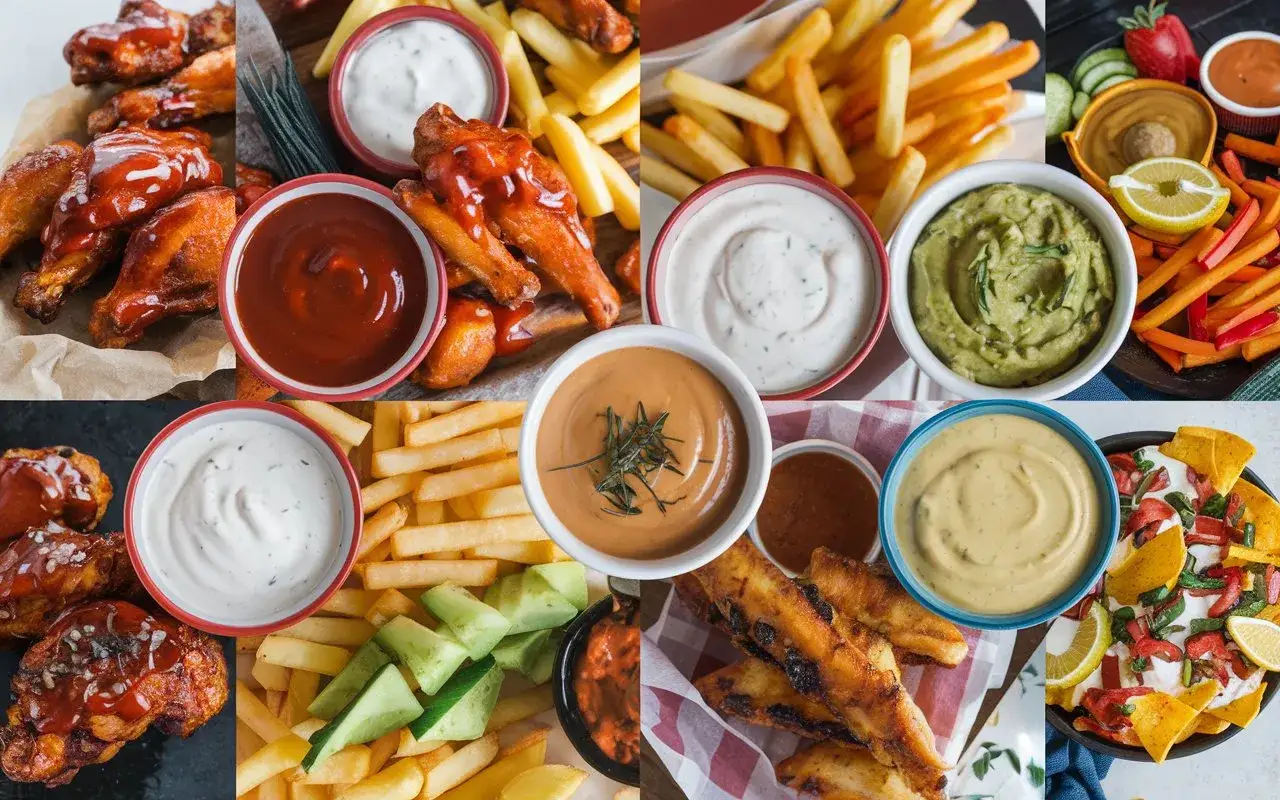 En collage av kycklingvingar, pommes frites och olika sorters dip sås. En fest för smaklökarna!