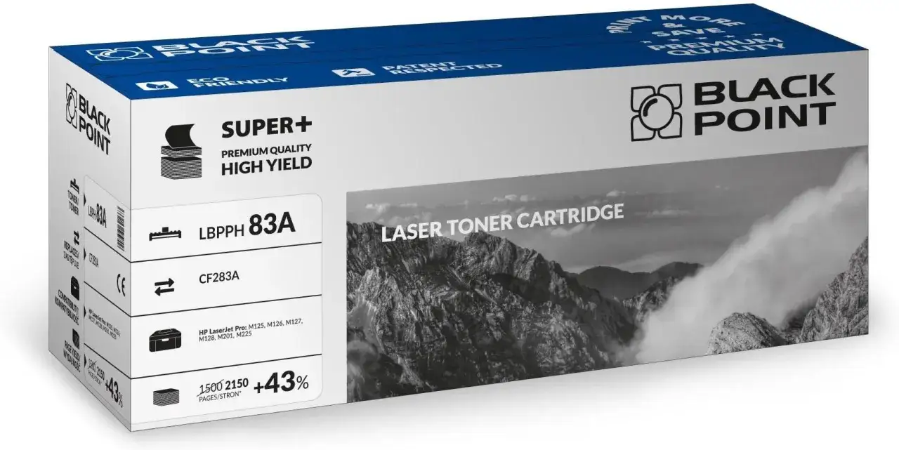 Opakowanie tonera Black Point LBPPH 83A, zamiennik CF283A, do drukarek HP LaserJet Pro, z wydajnością 1500-2150 stron.
