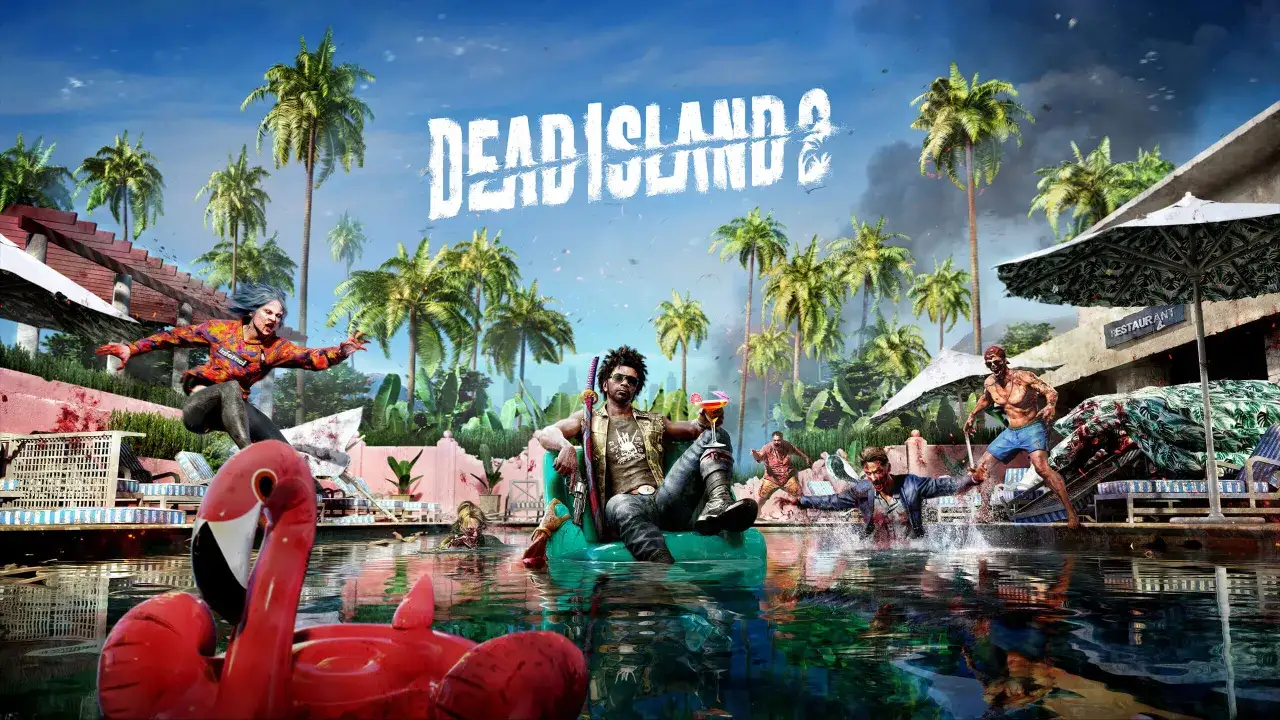 Wesoła ekipa w stylu Dead Island 2 coop walczy z zombie na basenie.