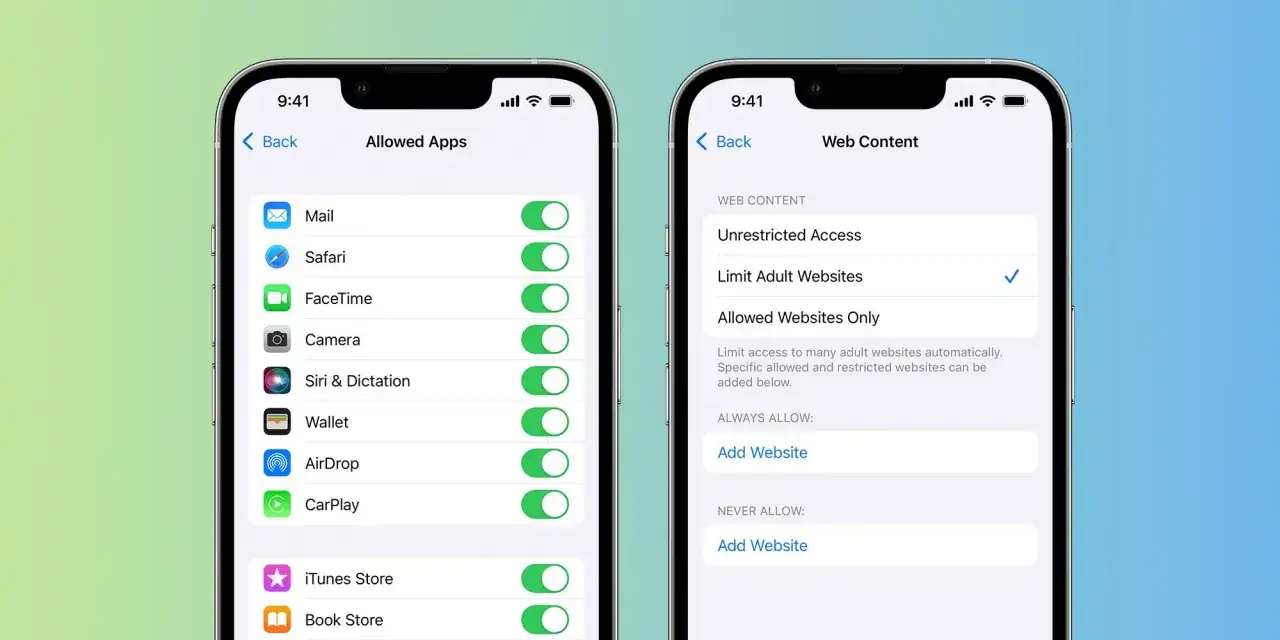 Dwa ekrany iPhone'a pokazują ustawienia kontroli rodzicielskiej za darmo: listę dozwolonych aplikacji i opcje filtrowania treści internetowych.