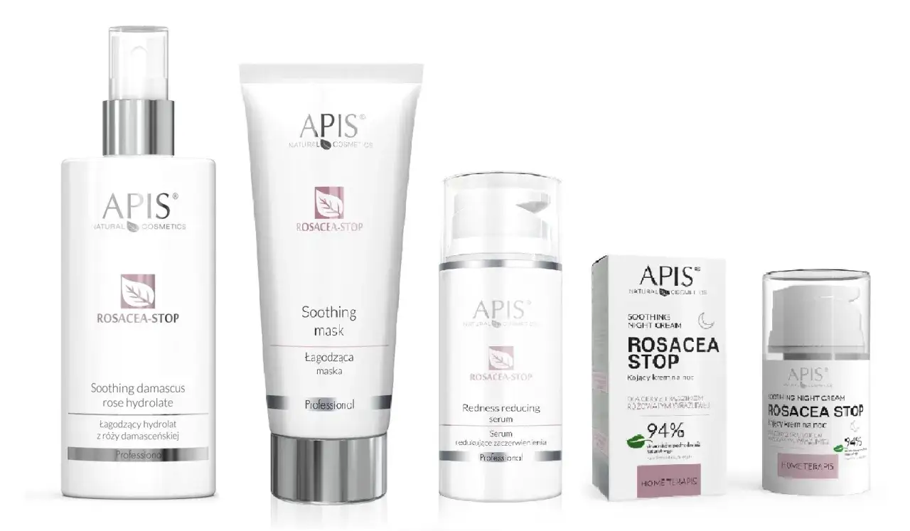 Zestaw kosmetyków APIS ROSACEA-STOP: hydrolat, maska, serum i krem na noc. Idealne dla cery naczynkowej, pomagają zwalczać zaczerwienienia.