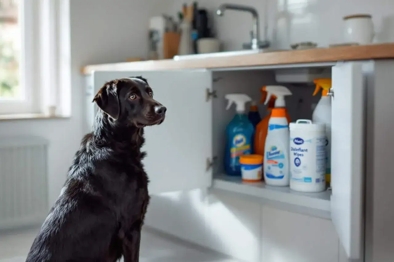Mon chien, un labrador noir, regarde avec espoir vers le placard ouvert rempli de produits de nettoyage, comme s'il cherchait une solution pour quand mon chien fait caca dans la maison.