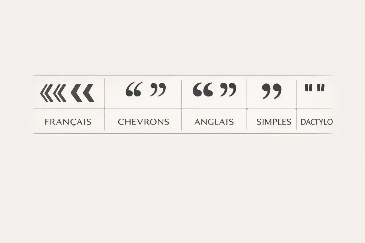Différents styles de ponctuation pour le dialogue : chevrons français, guillemets anglais, guillemets simples et guillemets dactylographiques.