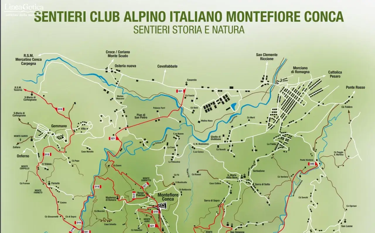 Mappa dei sentieri del Montefeltro, con percorsi che attraversano borghi come Gemmano e Montefiore Conca, ideali per esplorare il passo del giogo.