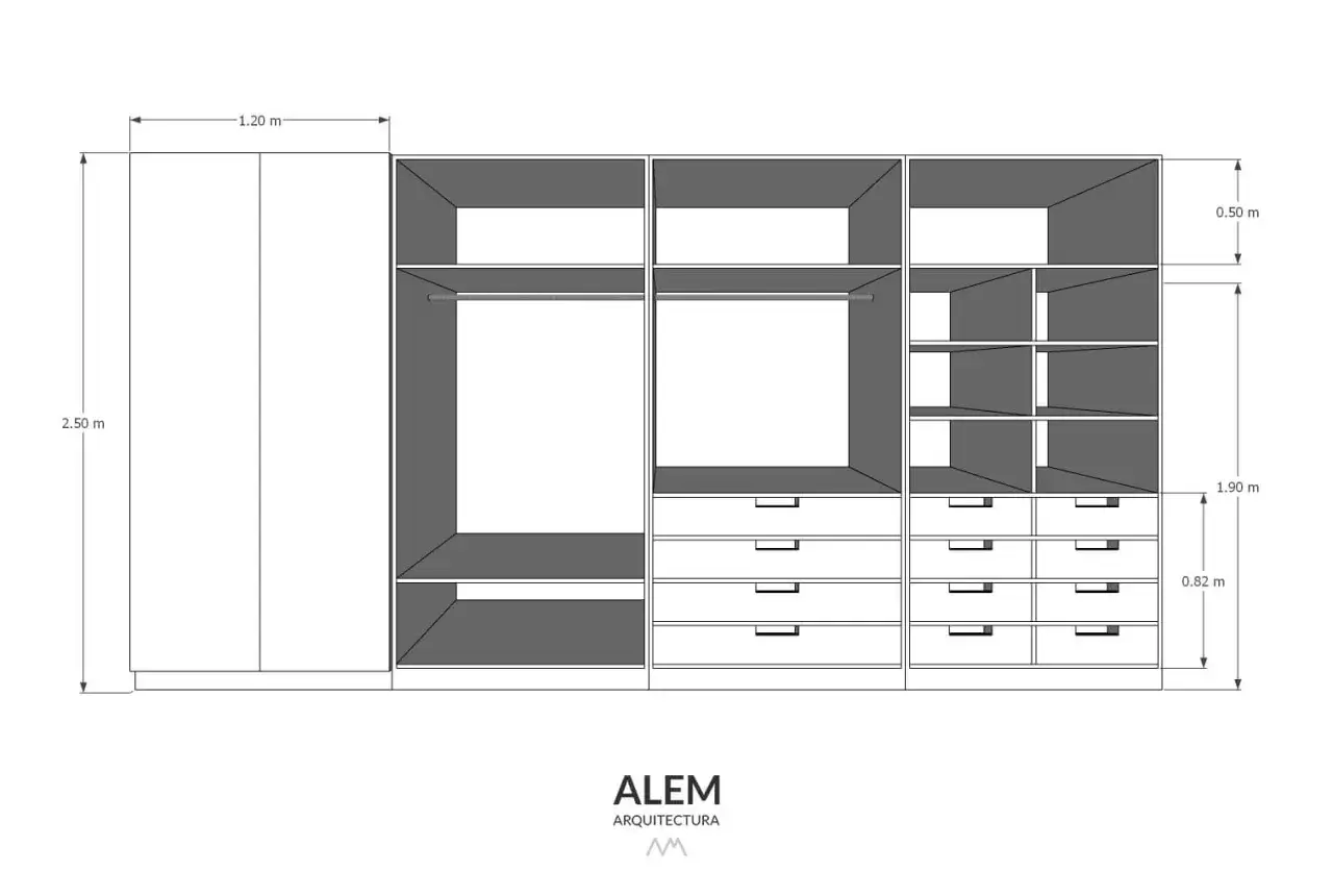 Plano de armario con medidas estandar: 2.50 m de alto, 1.20 m de ancho y 0.50 m de fondo.