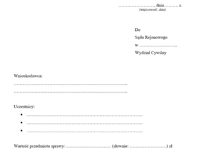 Wniosek o zniesienie wsp&oacute;łwłasności wz&oacute;r