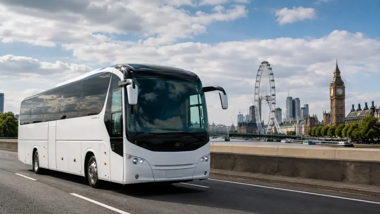 Biały autokar do Londynu jedzie w stronę miasta z Big Benem i London Eye w tle.