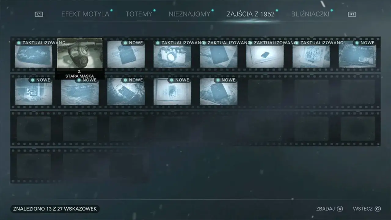Menu gry Until Dawn, wyświetlające kolekcję trofeów w formie klatek filmowych. Widoczna stara maska gazowa i telegram.
