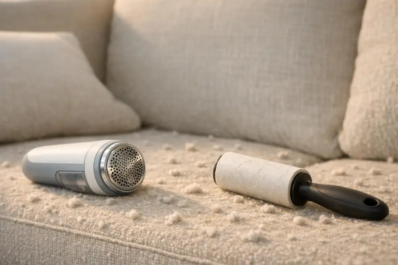 Fusselrasierer und Kleiderrolle liegen auf einem hellen Sofa mit Pilling.