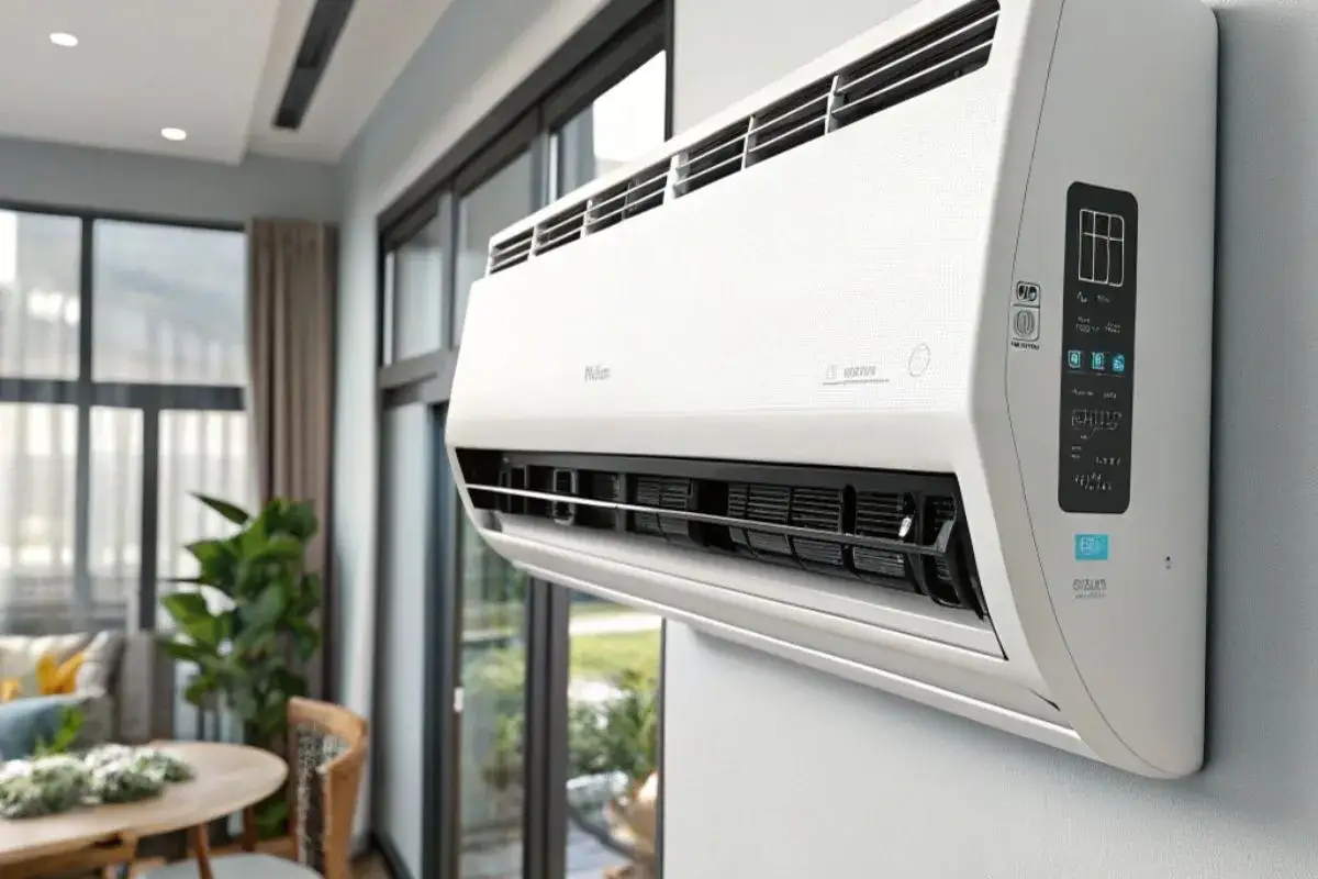 Climatiseur mural blanc, une solution climatisation moderne pour un confort optimal dans un salon lumineux avec vue sur jardin.