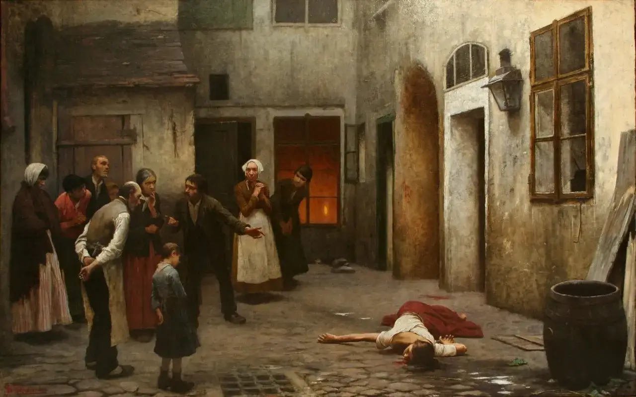 Scena zbrodni i kary w mrocznej, XIX-wiecznej kamienicy. Ludzie w strojach z epoki obserwują leżące na ziemi ciało.