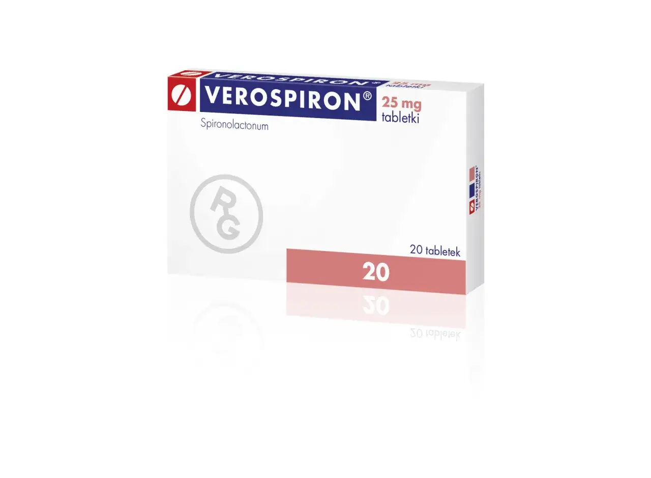 Opakowanie leku Verospiron 25 mg, zawierające 20 tabletek. Substancją czynną jest spironolactonum.