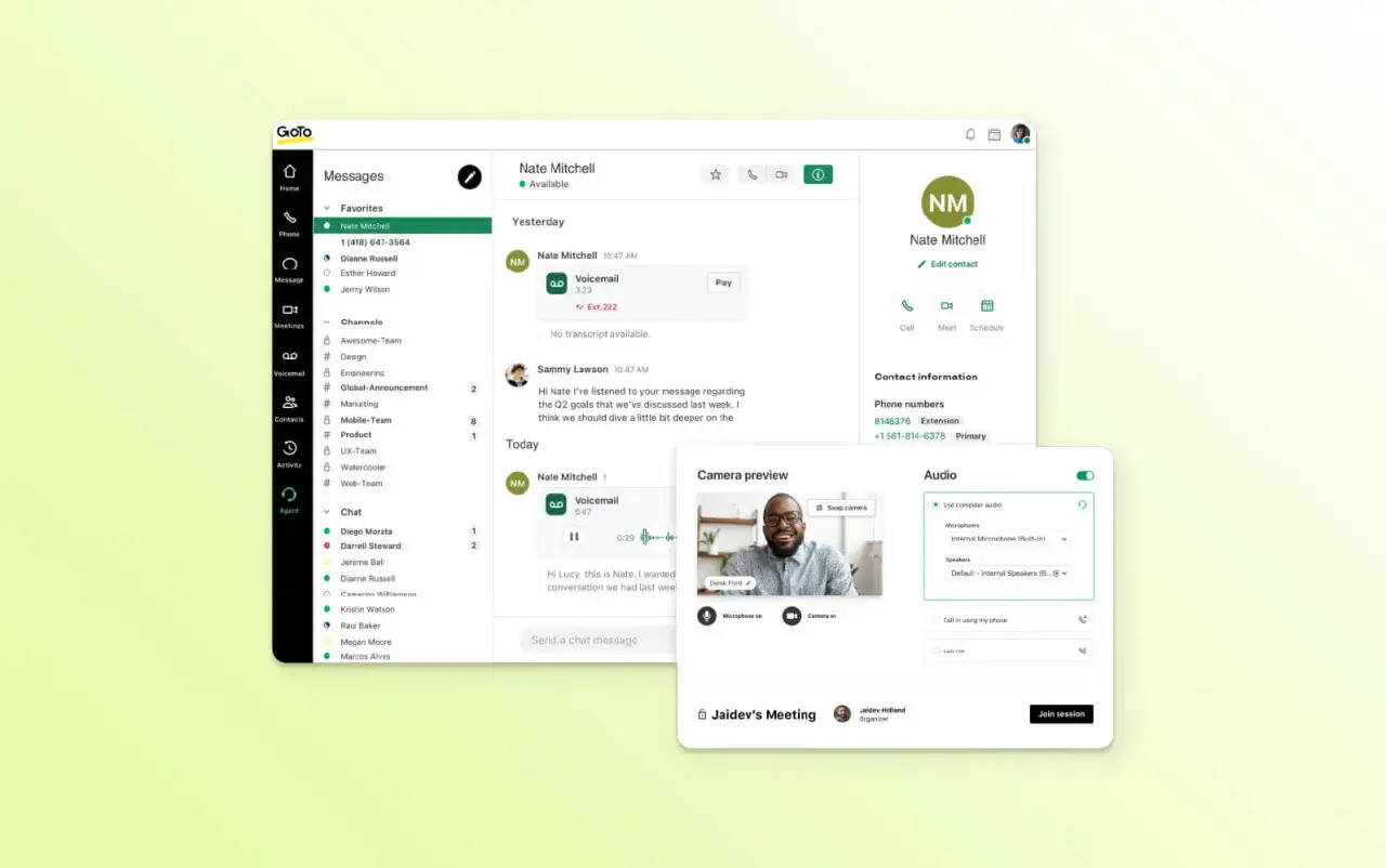 GoTo-Oberfläche für **inbound call center services**: Nachrichten, Anrufe, Voicemail und Videokonferenzen.