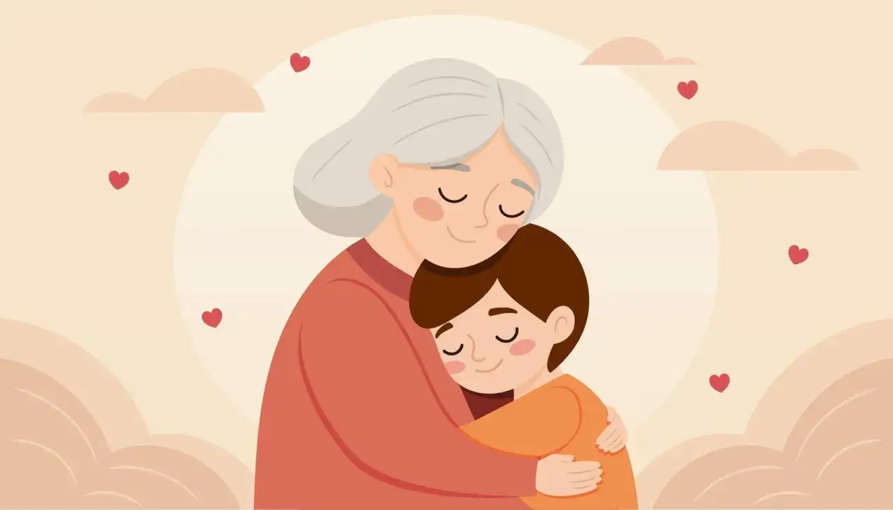 Abuela abraza a su nieto var&oacute;n con ternura. Corazones flotan, como las frases de amor de una abuela para su nieto.