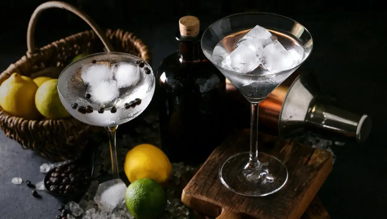 Zwei elegante Gläser mit Eiswürfeln und Wacholderbeeren, bereit für einen erfrischenden Gin Tonic. Zitronen und Limetten liegen daneben.