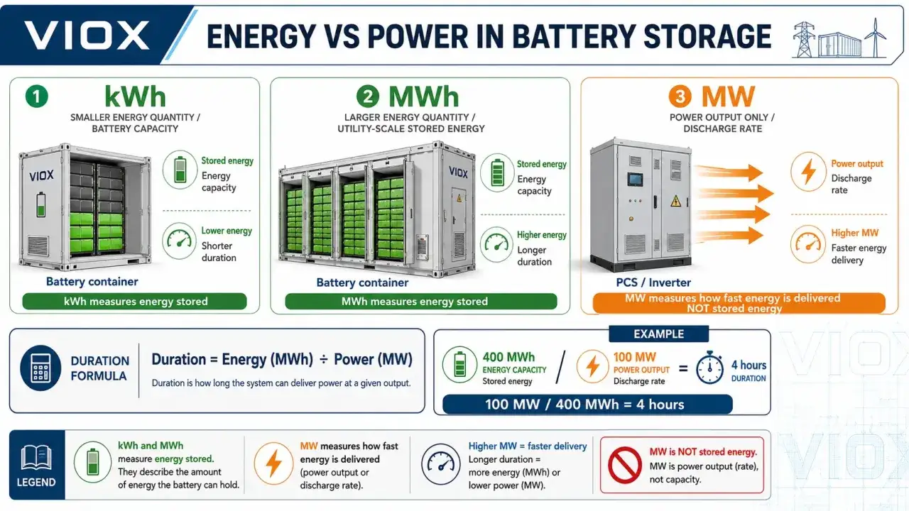 Kontenery z bateriami VIOX: kWh i MWh mierzą zmagazynowaną energię, MW określa moc wyjściową. Jednostki mocy w akcji.