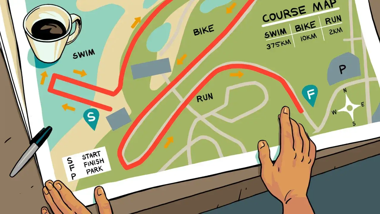 Course map for a triathlon, detailing swim, bike, and run segments. The distances suggest a half ironman challenge.