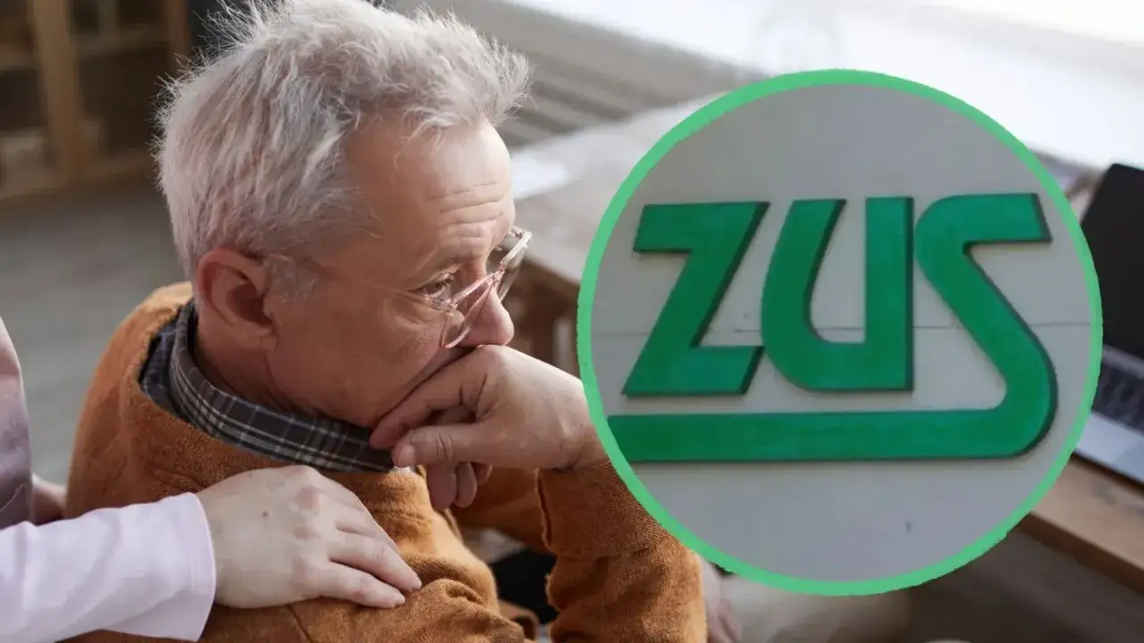 Zmartwiony senior, któremu ktoś kładzie rękę na ramieniu, obok zielone logo ZUS. Czy czeka go dodatek do emerytury?