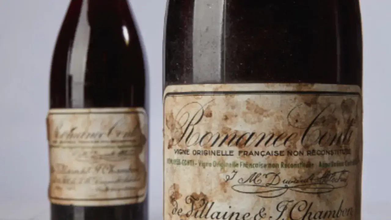 Zwei Flaschen des teuersten Weins der Welt, Romanée-Conti, mit vergilbten Etiketten.
