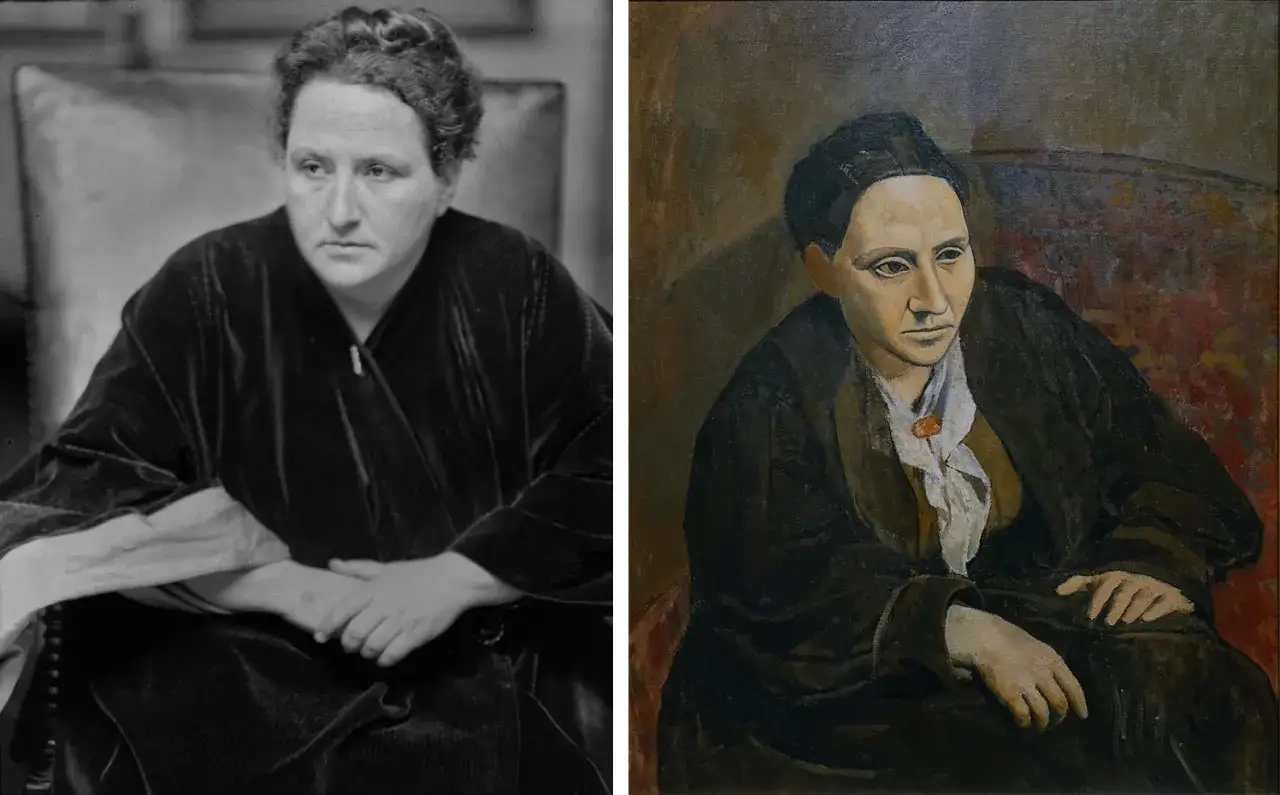 Portret Gertrudy Stein obok jej fotografii. Obie wersje ukazują pisarkę siedzącą, z dłońmi spoczywającymi na kolanach.