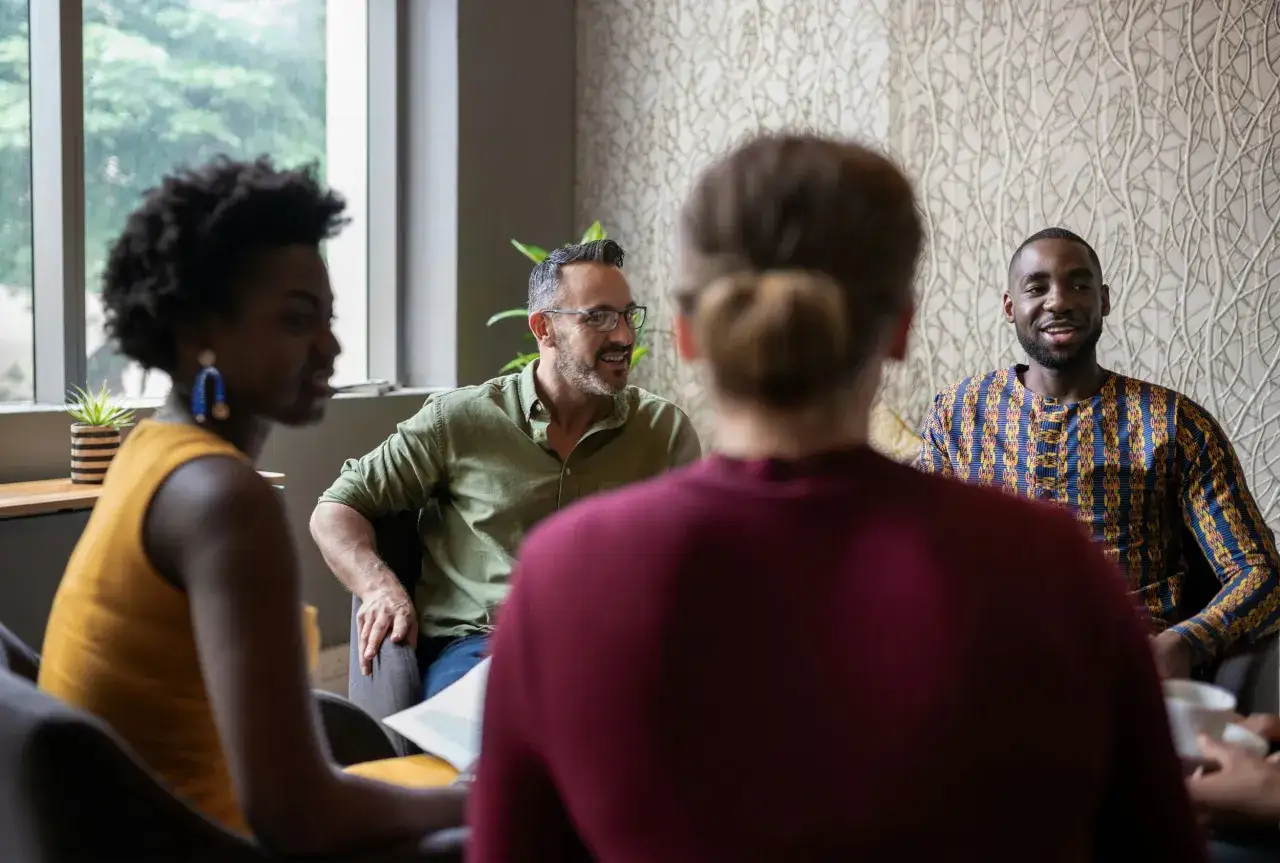 A diverse group discusses how to handle criticism constructively. They appear engaged in a supportive conversation.