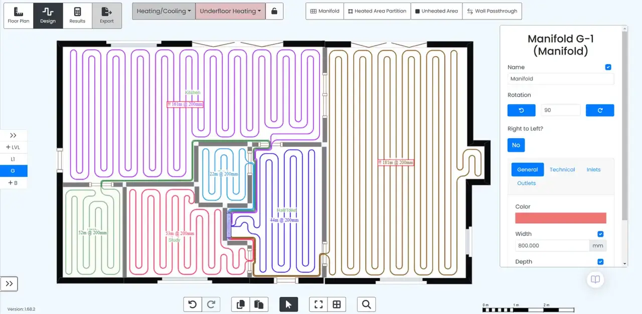 Dise&ntilde;o de varios tipos de suelo radiante con diferentes colores y longitudes, mostrando la distribuci&oacute;n en varias habitaciones.