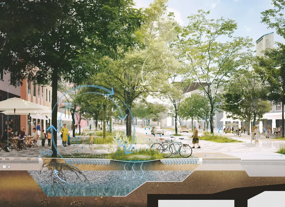 Gr&uuml;ne Stadtgestaltung mit B&auml;umen, die CO2 filtern und Sauerstoff abgeben. Wasserkreisl&auml;ufe und durchl&auml;ssige B&ouml;den zeigen klimagerechtes Bauen.