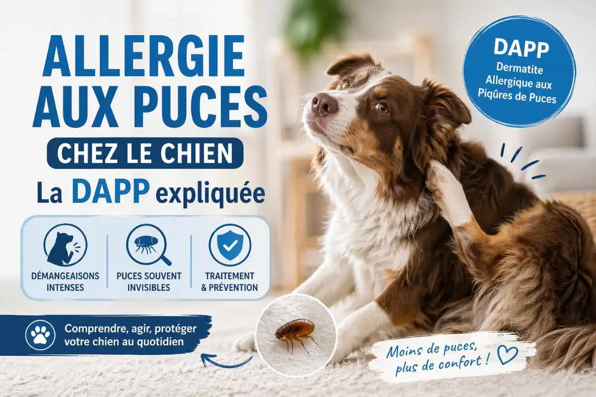Un chien se gratte l'oreille, signe que mon chien a des puces. L'image explique la DAPP, dermatite allergique aux piq&ucirc;res de puces, chez le chien.