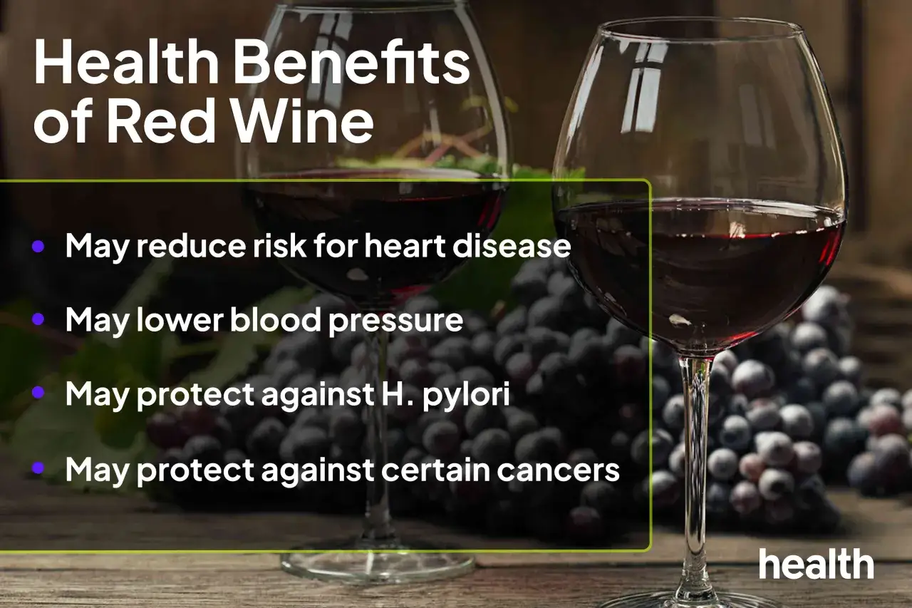 Zwei Gläser Rotwein und Trauben. Der Text hebt hervor, dass Rotwein gesund sein kann, z.B. für das Herz.