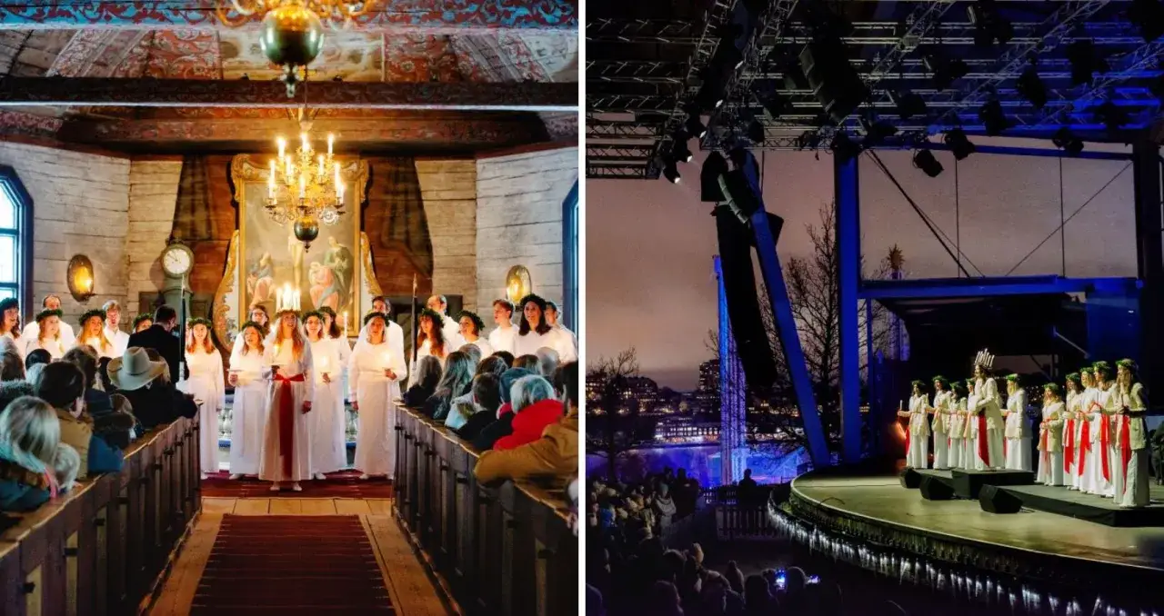 Tv&aring; scener fr&aring;n ett lucia firande i Stockholm: en k&ouml;r i kyrkan och en utomhusf&ouml;rest&auml;llning med ljus och musik.