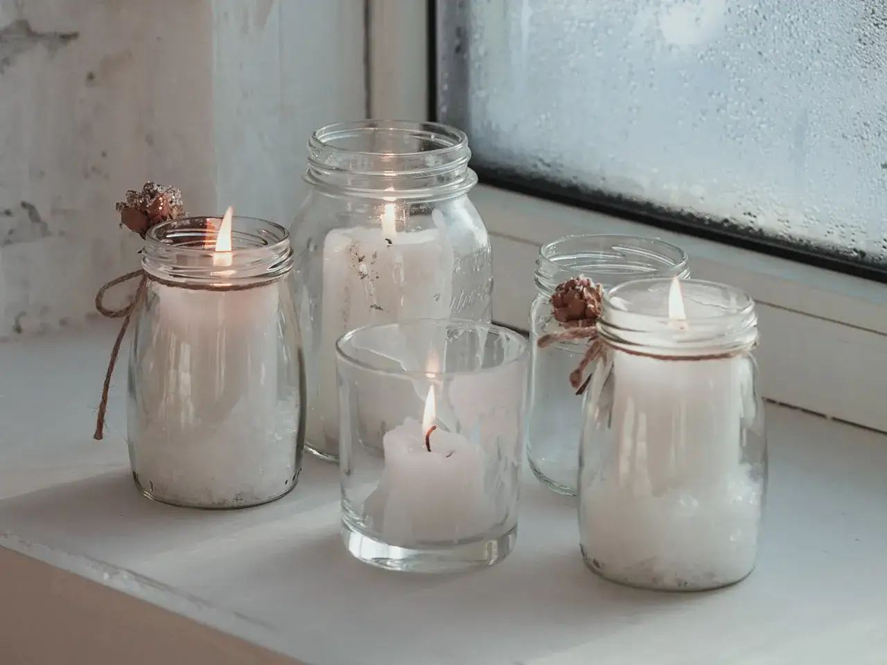 Gemütliche Stimmung: Kerzen in selbst gestalteten Windlichtern aus Glas, dekoriert mit Zapfen und Jute, auf einer Fensterbank.