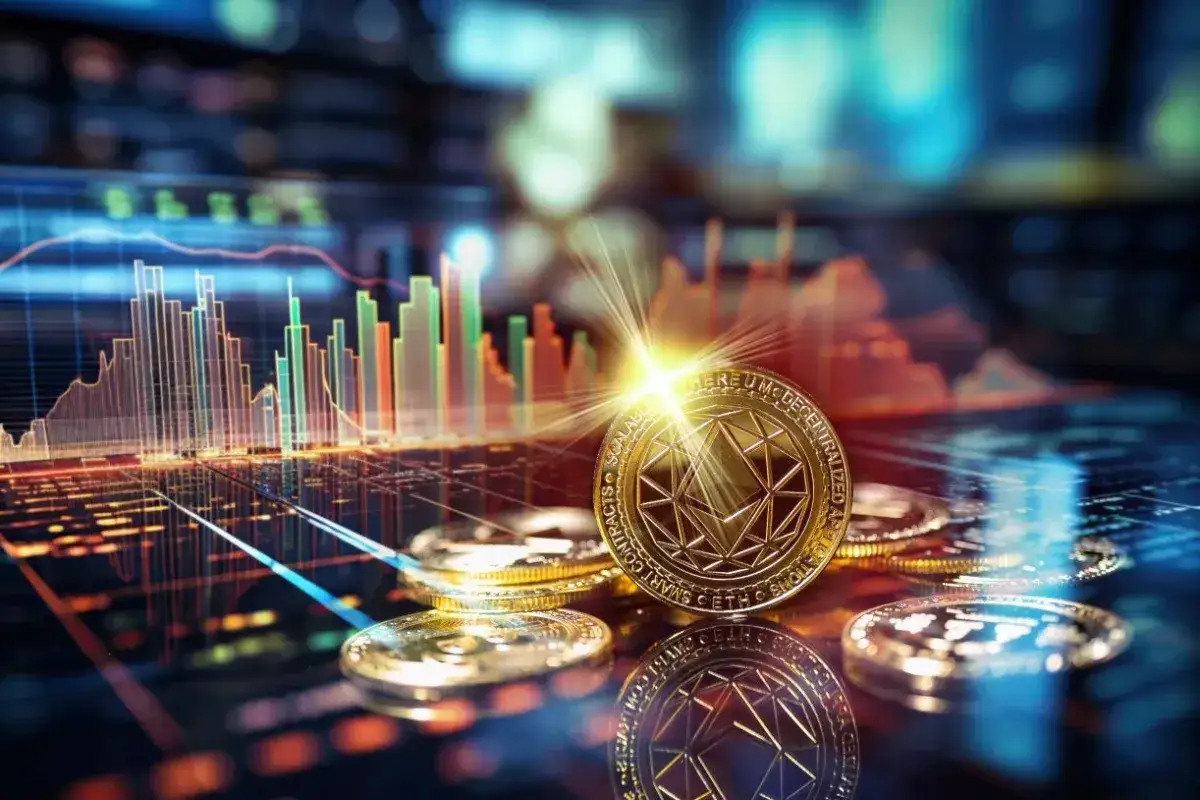 Złote monety kryptowalutowe na tle wykresów giełdowych. Rozpoczynasz inwestowanie małych kwot w kryptowaluty?