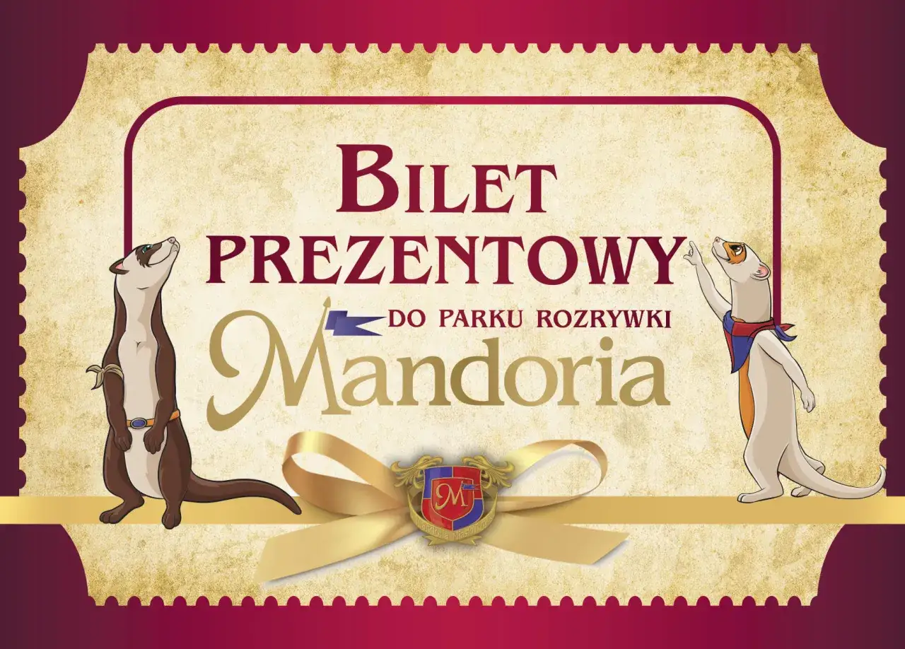 Bilet prezentowy do parku rozrywki Mandoria. Dwa urocze zwierzątka, jakby z bajki, zapraszają do zabawy.