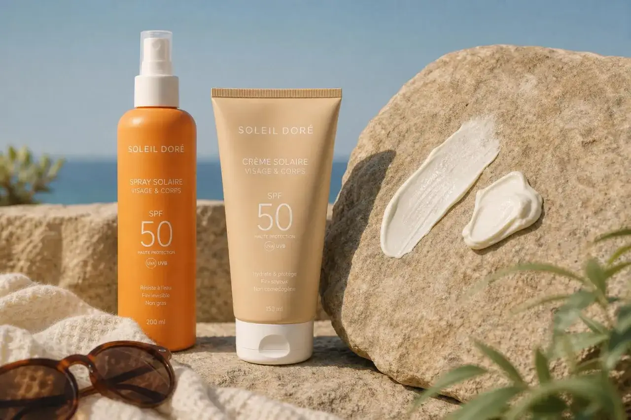 Soleil Doré : combien de temps de protection avec ce SPF 50 ? Crème et spray solaire sur fond rocheux, avec des lunettes de soleil.